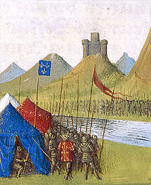Louis campaigning in Flanders, where he sought a military solution to the ongoing problem of the "immensely wealthy", quasi-autonomous province of France. Painting circa 15th century. Louis X of France Flandre.jpg