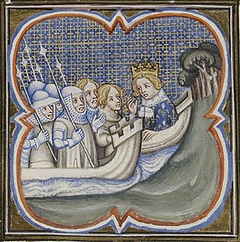 Miniature représentant Louis IX à bord d'un navire, s'entretenant avec des soldats.