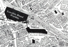 1915 map showing the location of Mayfield (bottom, south of Fairfield Street) relative to London Road station (top). The covered footbridge that linked the two stations is also shown.