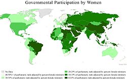 A world map showing female governmental participation by country, 2010.