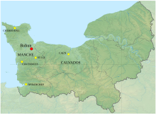 Map showing location of the manor of Bohun (now Bohon) in Normandy, origin of the English de Bohun family Map DeBohunFamily Origin Normandy.svg