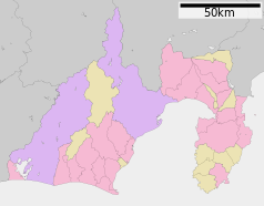 Mapa konturowa prefektury Shizuoka, blisko centrum na dole znajduje się punkt z opisem „Shizuoka”