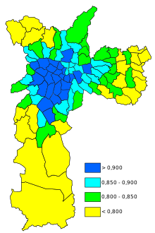 Карта районов города по ИРЧП, согласно Муниципальному атласу Сан-Паулу, 2007 год.