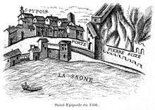 Dessin en noir et blanc représentant la muraille de Lyon qui arrive en bod de Saône au droit du château de Pierre Scize. Une chapelle est située sur son flanc, côté intérieur.