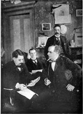 McKinley, (lower right) running his campaign from the library of his Canton home McKinley campaign.png