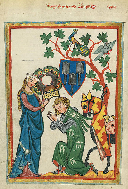 Konrad von Limpurg as a knight being armed by his lady in the Codex Manesse (early 14th century)