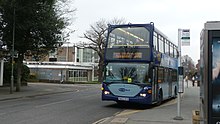 Sometimes, when not enough Fastway vehicles are available, standard buses have to substitute. Seen here is a double-decker operating route 100 outside Horley Library. Metrobus 475 YN53 RYD.JPG