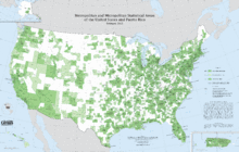 An enlargeable map of the 929 core-based statistical areas (CBSAs) of the United States and Puerto Rico. The 388 metropolitan statistical areas (MSAs) are shown in dark green. The 541 micropolitan statistical areas (mSAs) are shown in light green. Metropolitan and Micropolitan Statistical Areas (CBSAs) of the United States and Puerto Rico, Feb 2013.gif