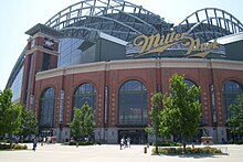 American Family Field (formerly known as Miller Park), home of the Brewers Miller Park from outside.JPG