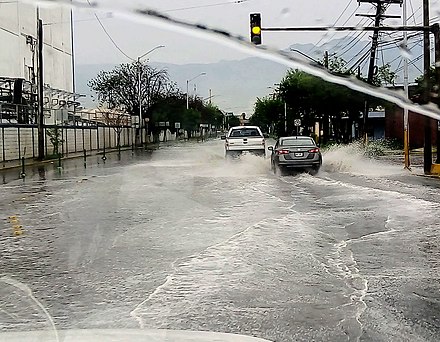 Flash flooded road in Northern Mexico, after a 3–5 hour long thunderstorm that occurred during a drought that lasted nearly 1 year