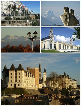 Nga lart, majtas djathtas: Bulevardi i Pirenejve dhe Pic du Midi d'Ossau; Pic du Midi de Bigorre dhe Palais Beaumont; Kështjella e Paut