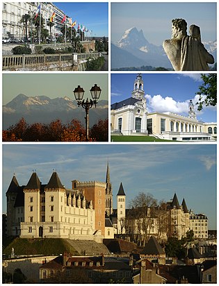 左上：比利牛斯大道；右上：远眺南奥索峰；左中：南比戈尔峰（法语：Pic du Midi de Bigorre）；右中：博蒙宫；下：波城城堡（法语：Château de Pau）