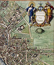 The picture shows an excerpt from a map from 1657, on which a hill at the gates of the city is labeled "Mont de Parnasse ou de la Fronde".  On and around the hill human figures can be seen, who may be holding torches or something similar in their hands.