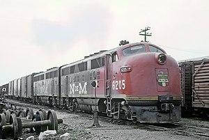 N de M freight led by a rare F2 6205 in Valle De, Mexico yard, Tlanepantla, Mexico on September 9, 1966 (34274898525).jpg