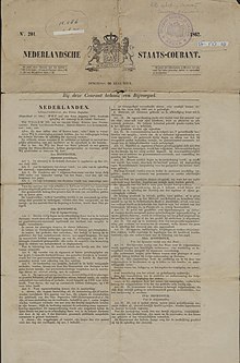 Netherlands State Gazette (No. 201. Tuesday, August 26, 1862) Laws for the abolition of Slavery Nederlandsche Staats-Courant (No. 201. Dingsdag 26 Augustus 1862) Wetten houdende opheffing der Slavernij.jpg