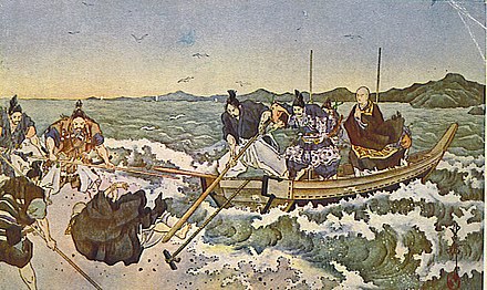 The banishment of Nichiren in 1261.  The disciple Nichirō wished to follow but was forbidden to do so. Tourist postcard artwork, circa 1920s.