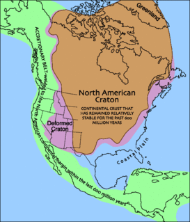 <span class="mw-page-title-main">Laurentia</span> A large continental craton that forms the ancient geological core of the North American continent