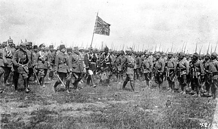 Kaiser Wilhelm II inspecting Turkish troops of the 15th Corps in East Galicia, Austria-Hungary (now Poland). Prince Leopold of Bavaria, the Supreme Commander of the German Army on the Eastern Front, is second from the left.
