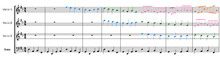 Lembar musik yang menampilkan sembilan pertama langkah-langkah dari lagu tertentu. Warna-warna yang menonjolkan individu kanonik entri.