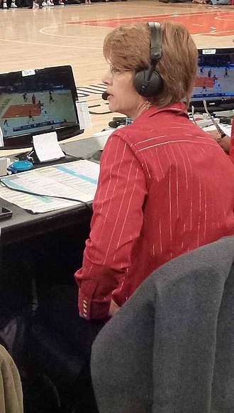 Pam Ward calling the Maggie Dixon Classic basketball game in Madison Square Garden Pam Ward at work.jpg