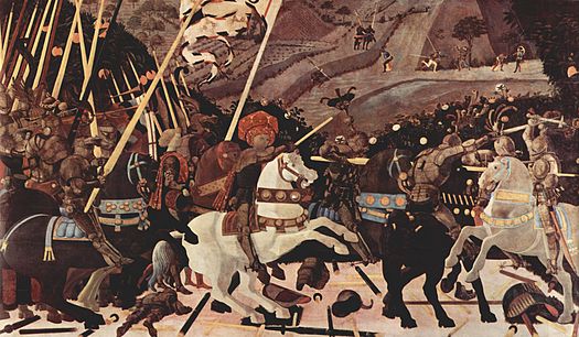  Niccolo Mauruzi da Tolentino à la tête de ses troupes, (~1456) détrempe sur bois de 3,20 × 1,82 m (National Gallery, Londres)