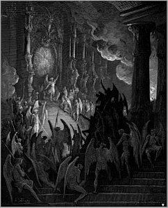 Illustration (1866) by Gustave Doré showing Satan as the Prince of Hell, as portrayed in John Milton's Paradise Lost