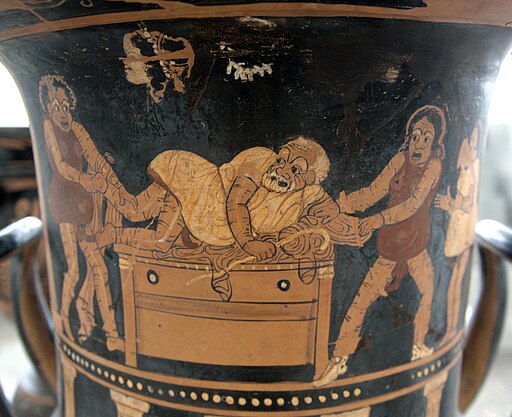 Phlyax scene on a calyx krater by Asteas Antikensammlung Berlin F3044 5 roman literature