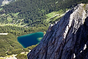 View from above at mountains, forest, and a lake