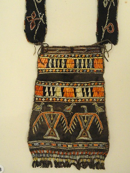 Ojibwe shoulder pouch depicting two thunderbirds in quillwork, Peabody Museum Harvard