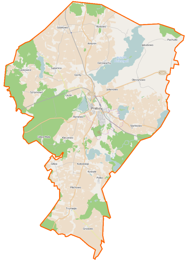 Mapa konturowa gminy Prabuty, w centrum znajduje się punkt z opisem „Prabuty”