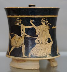 The abduction of Aegina, one of the daughters of Asopus, by Zeus. Attic red-figure pyxis, c.470–460 BC.