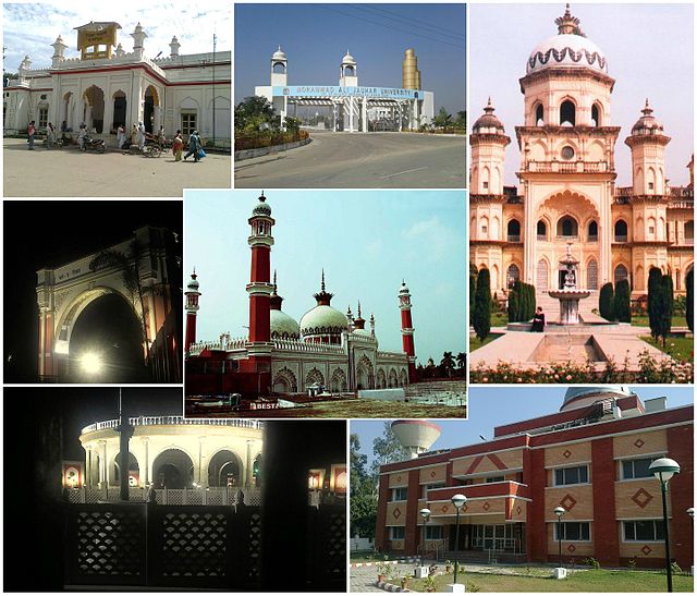 Center: Jama Masjid Rampur, Clockwise from top : Rampur Railway Station; Mohammad Ali Jauhar University; Rampur Raza Library; Aryabhatt Planetarium; G