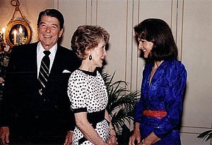 President Ronald Reagan and his wife, Nancy, are seen with Jacqueline Kennedy Onassis. Reagans with Jackie Kennedy.jpg