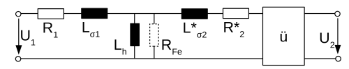 Ersatzschaltplan eines realen Transformators mit herausgeführtem, idealem Transformator