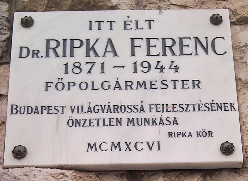 File:Ripka Ferenc emléktáblája Gellérthegy utca 13.jpg