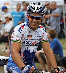 Image 4Robbie McEwenPhoto: John O'NeillRobbie McEwen, Australian professional road cyclist, wearing his Team Katusha (Russian: Катюша) cycling kit at the start of the 2010 Jayco Bay Cycling Classic. McEwen's accolades include winning the maillot vert (green jersey) overall Points Classification in the Tour de France three times, along with winning 12 individual stages, and competing in three Olympic Games. The green and gold bands around his arms identify him as an Australian National Cycling Champion.More selected pictures