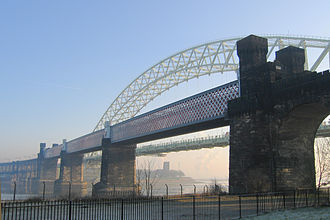 Runcorn Railway Bridge with Silver Jubilee Bridge behind Runcorn Railway Bridge.jpg