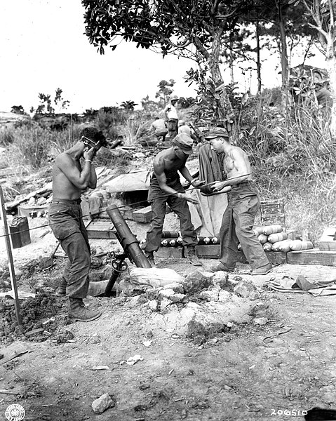 File:SC 206510 - Mortar crew of 7th Infantry Division load chemical mortar gun as they blast Jap positions impeding the advance into Okinawa.jpg