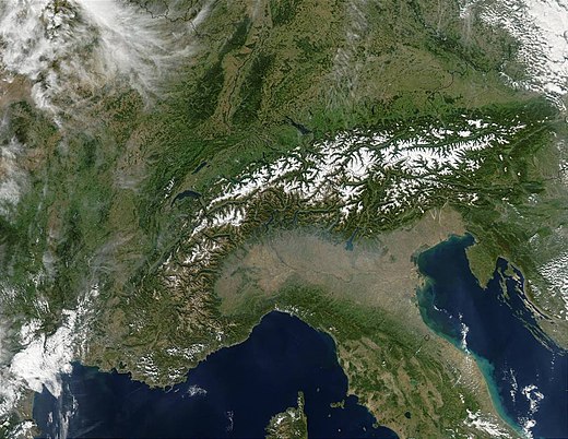 In this satellite image of the Alps, the snow limit picks out the individual mountain chains