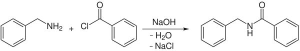 Reaktionsschema der Schotten-Baumann-Reaktion zur Herstellung von N-Benzylbenzoesäureamid