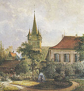 Blick vom Schlosspark auf Schloss und Stadtkirche, Pieter Francis Peters, 1851