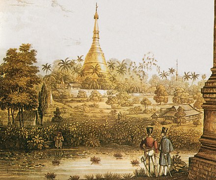 A British 1825 lithograph of Shwedagon Pagoda shows British occupation during the First Anglo-Burmese War.