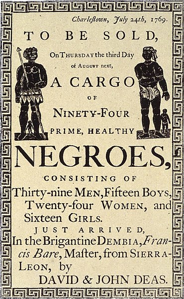 Reproduction of a handbill advertising a slave auction in Charleston, South Carolina, in 1769