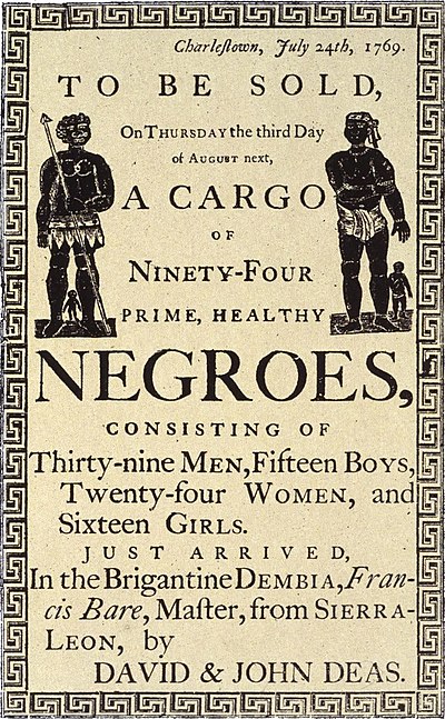 Reproduction of a handbill advertising a slave auction in Charleston, South Carolina, in 1769
