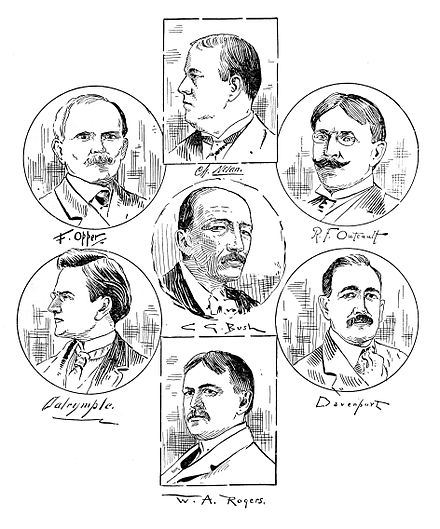 Some prominent cartoonists of the late 19th century: Charles Nelan, Frederick Opper, R. F. Outcault, C. G. Bush, Louis Dalrymple, Homer Davenport, and W. A. Rogers