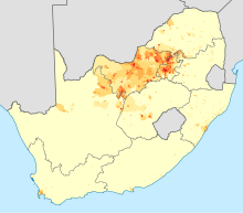Geographical distribution of Setswana in South Africa: density of Setswana home-language speakers.
<1 /km2
1-3 /km2
3-10 /km2
10-30 /km2
30-100 /km2
100-300 /km2
300-1000 /km2
1000-3000 /km2
>3000 /km2 South Africa Tswana speakers density map.svg