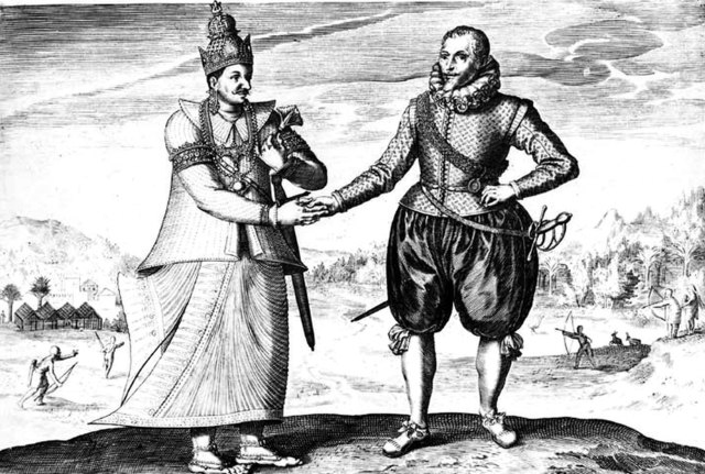 A 17th-century engraving of Dutch explorer Joris van Spilbergen meeting with King Vimaladharmasuriya in 1602