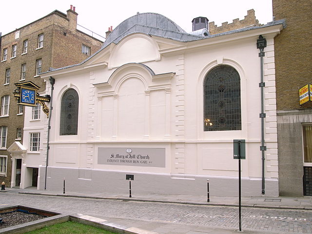 Church of St Mary-at-Hill, pictured in 2008, showing the blocked-up Venetian window