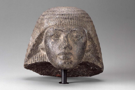 Stone head carving of Paramessu (Ramesses I), originally part of a statue depicting him as a scribe; on display at the Museum of Fine Arts, Boston