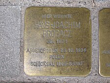 Stolperstein Hans-Joachim Brodacz, 1, Goethestrasse 36, Calenberger Neustadt, Hanover.jpg